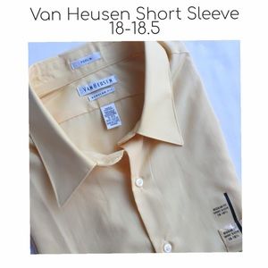 Van Heusen Pale Yellow Button-Up Short Sleeve Collared Dress Shirt Neck 18-18.5